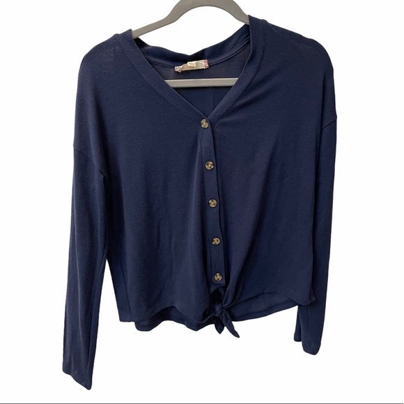 Pink rose button down tie front long sleeve shirt - Picture 1 of 3